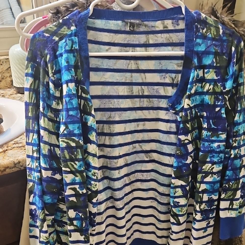 Talbots Blue and Floral Striped Top